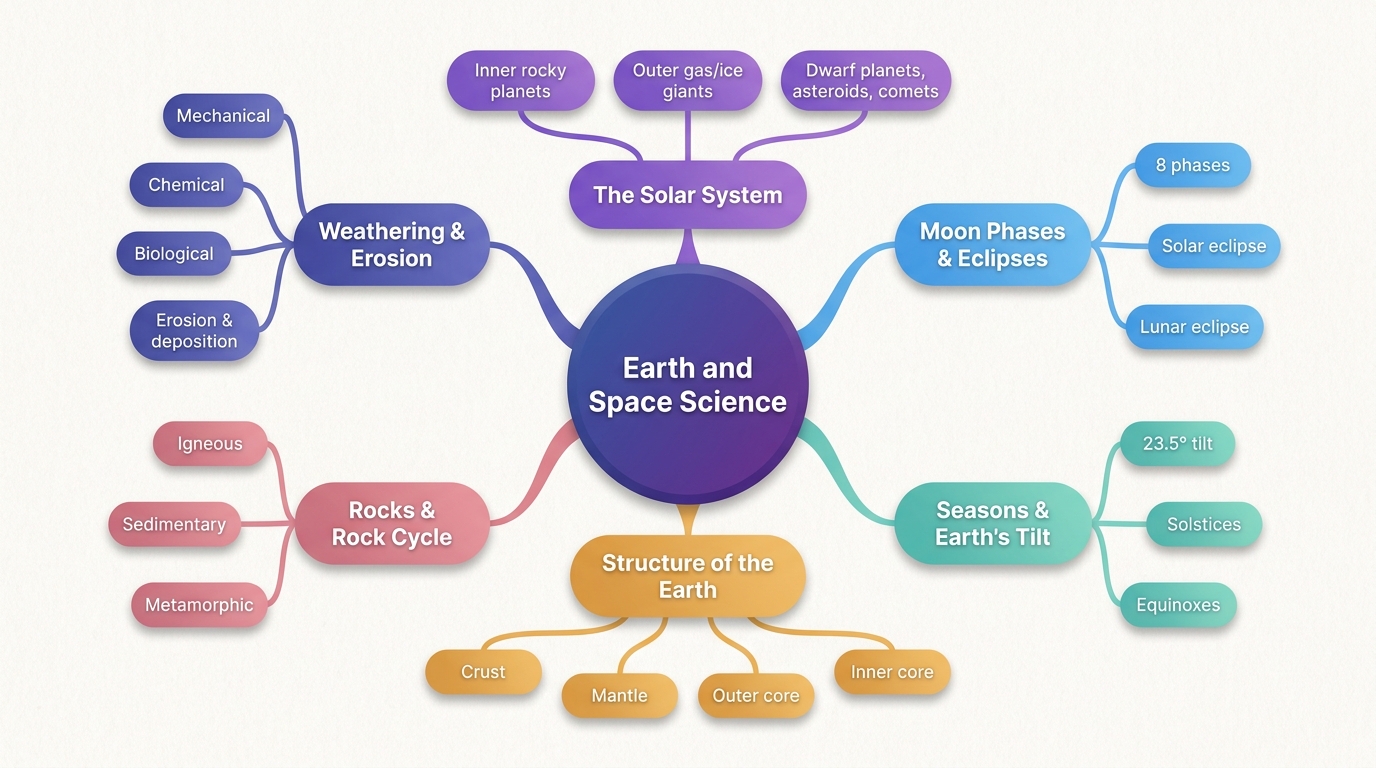 Mind map of Earth and Space Science centred on Earth and Space Science.