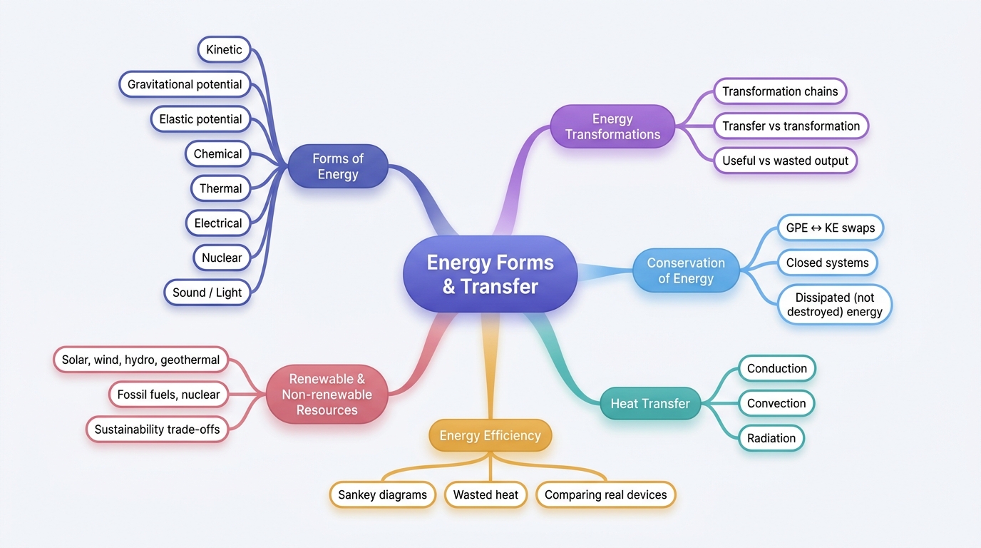 Mind map of Energy Forms and Transfer centred on Energy Forms & Transfer.