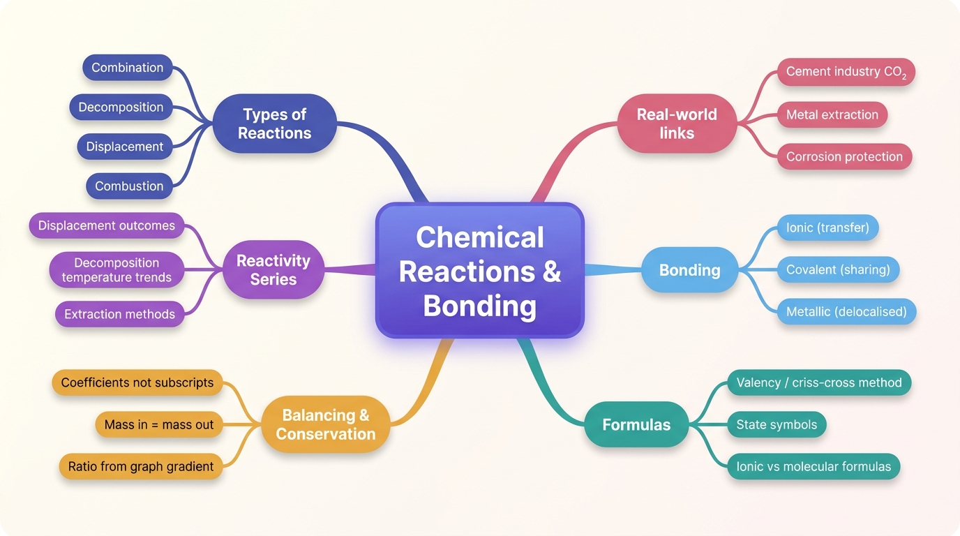 Mind map of Chemical Reactions and Bonding centred on Chemical Reactions & Bonding.