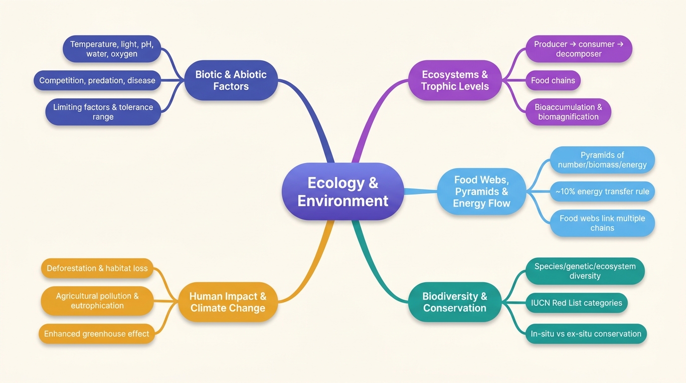 Mind map of Ecology and Environment centred on Ecology & Environment.