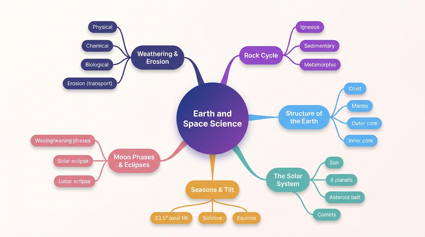 Mind map of Earth and Space Science centred on Earth and Space Science.