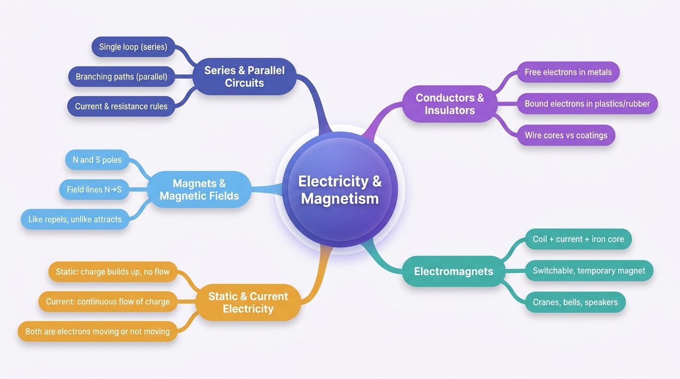 Mind map of Electricity and Magnetism centred on Electricity & Magnetism.