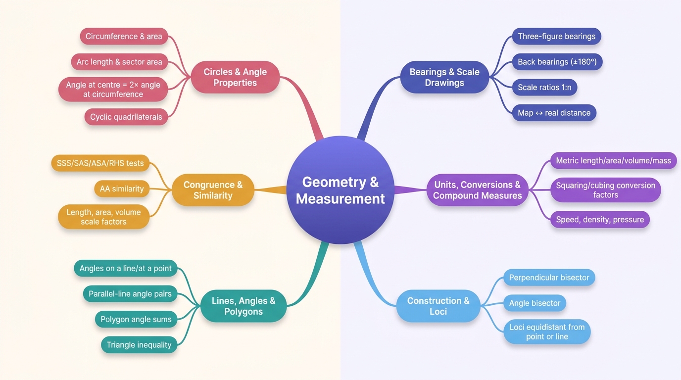 Mind map of Geometry and Measurement centred on Geometry & Measurement.