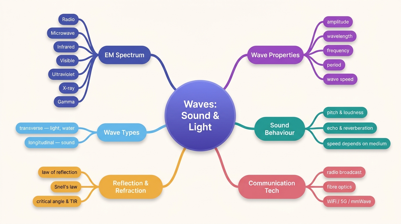 Mind map of Waves Sound and Light centred on Waves: Sound & Light.
