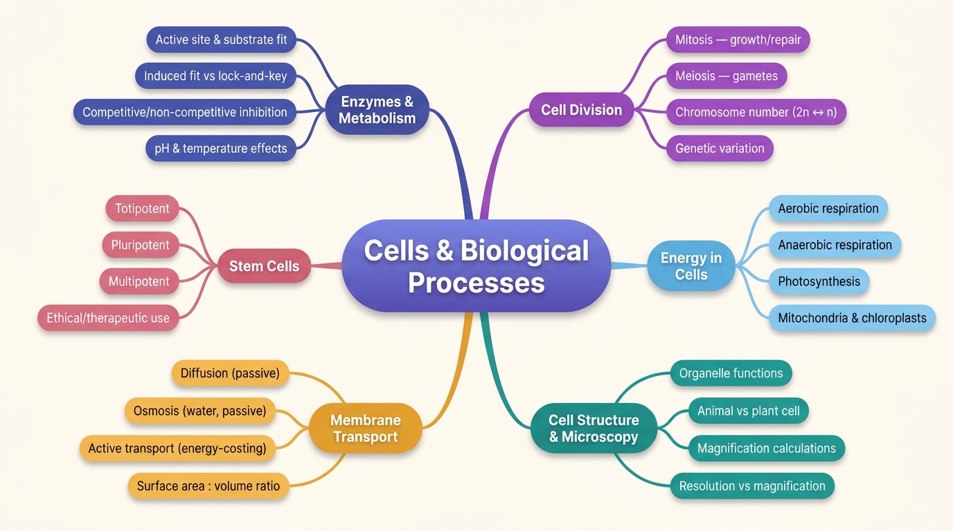 Mind map of Cells and Biological Processes centred on Cells & Biological Processes.