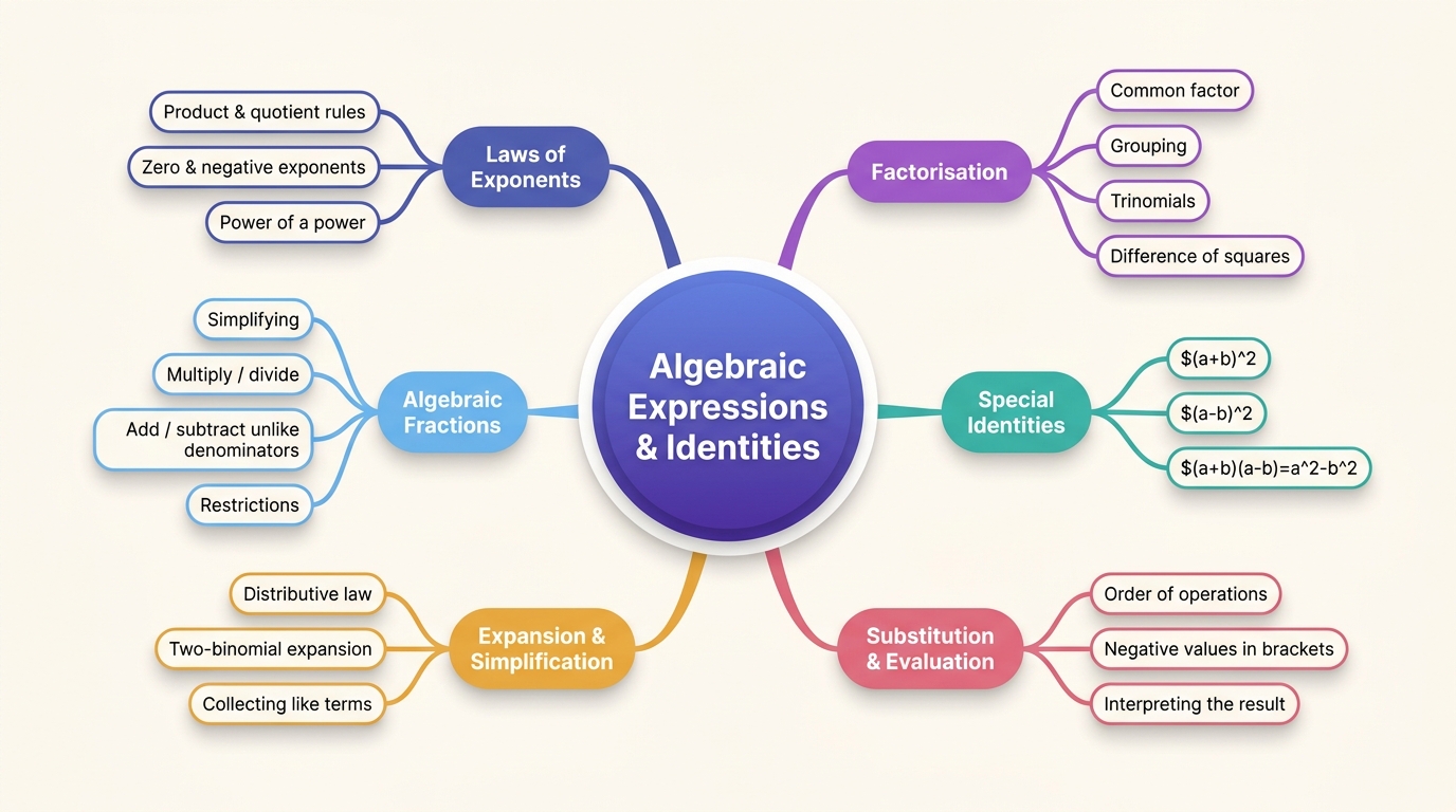 Mind map of Algebraic Expressions and Identities centred on Algebraic Expressions & Identities.