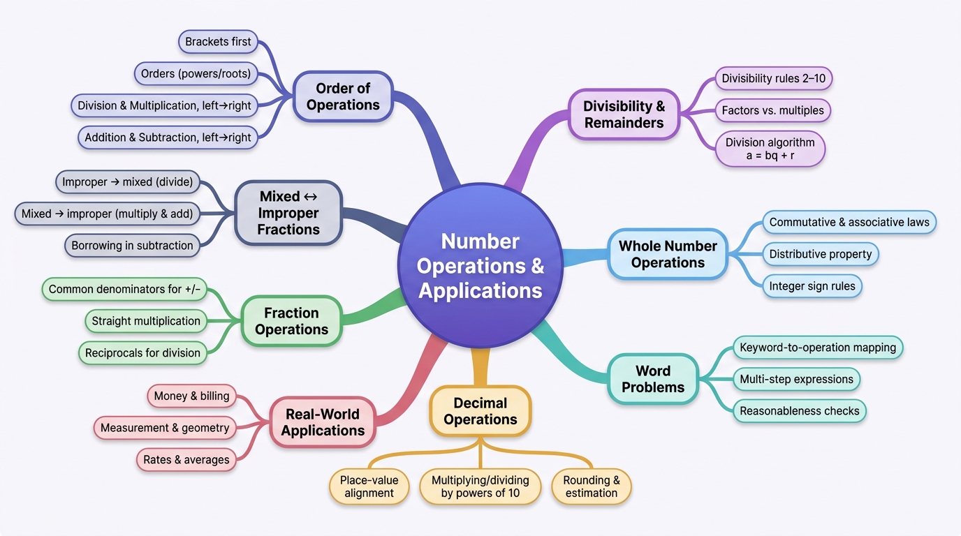 Mind map of Number Operations and Applications centred on Number Operations & Applications.