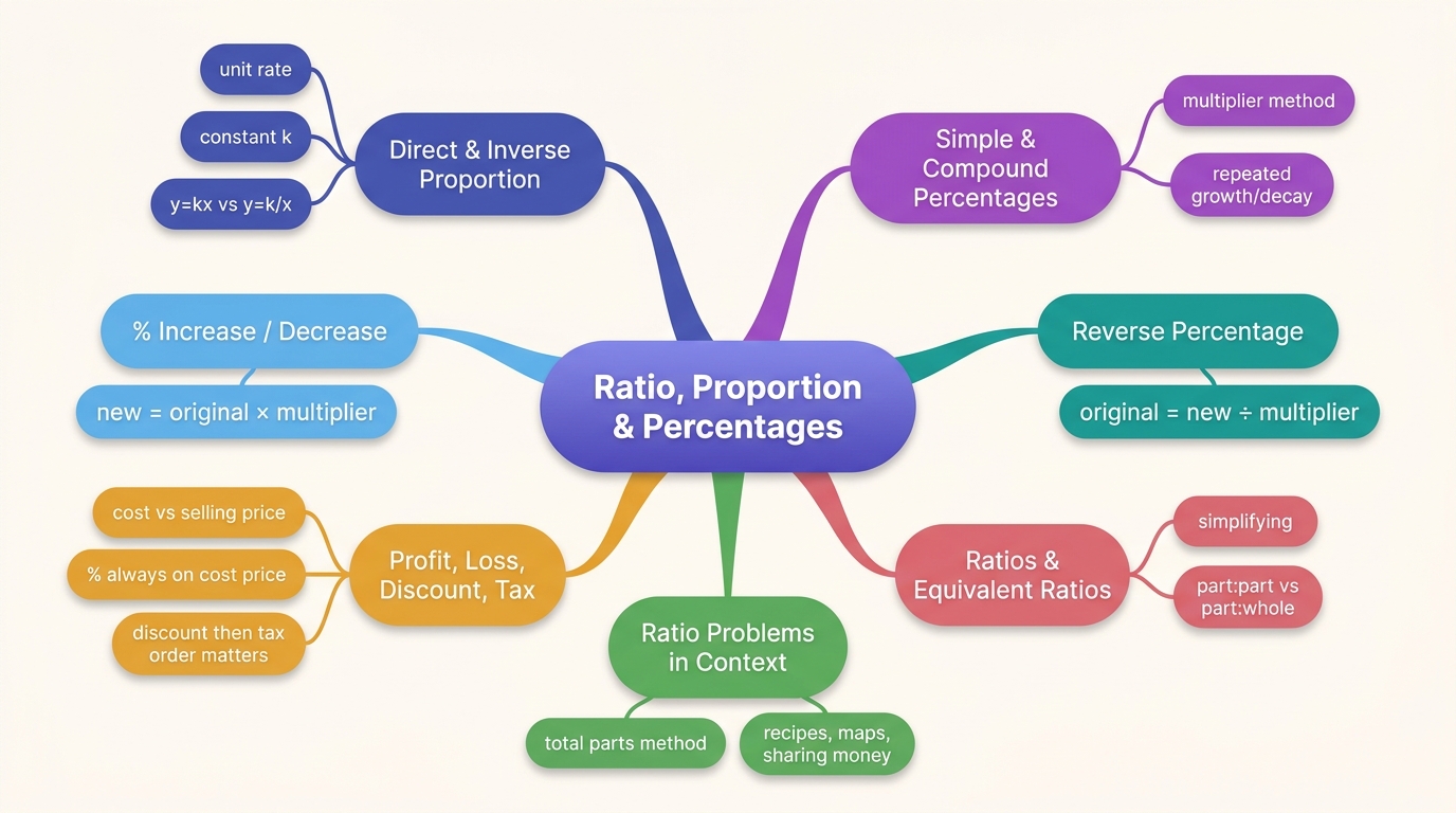 Mind map of Ratio, Proportion & Percentages centred on Ratio, Proportion & Percentages.