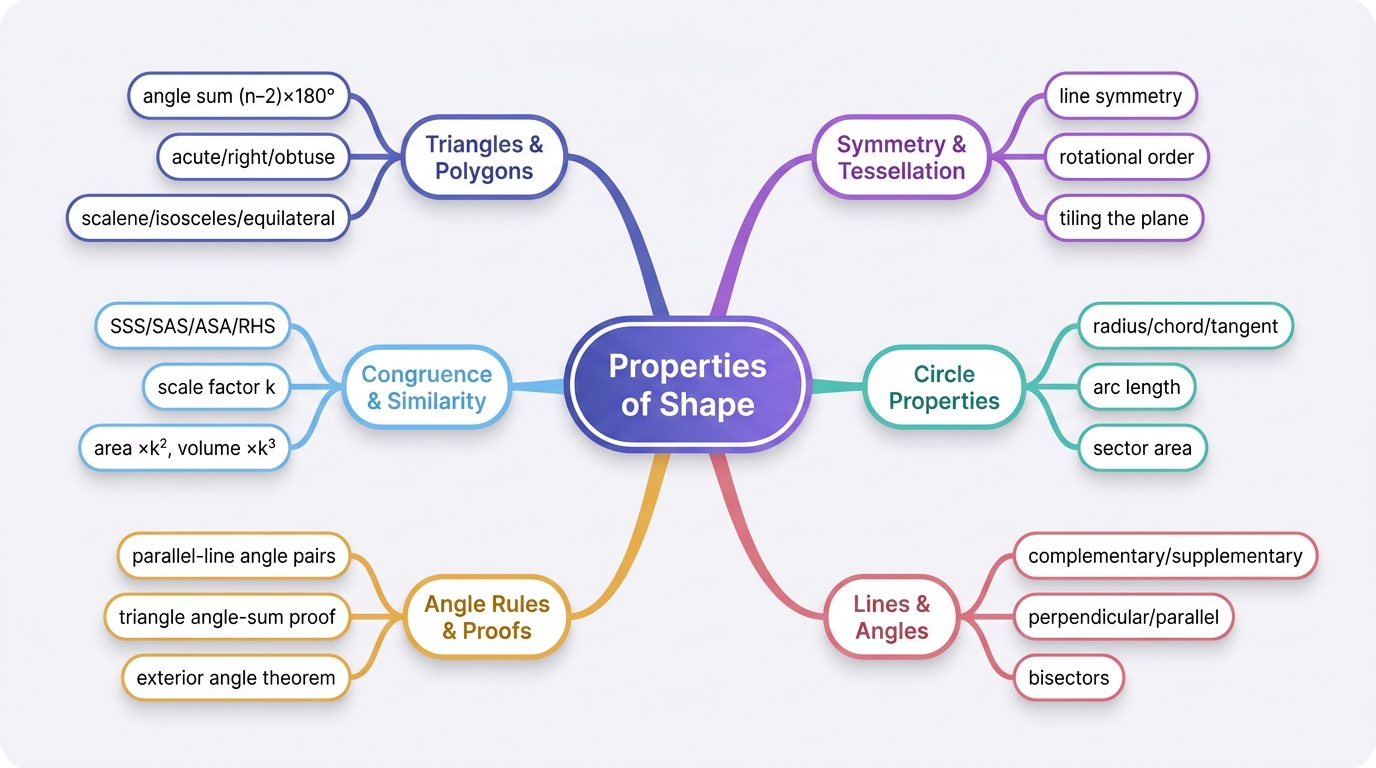 Mind map of Geometry – Properties of Shape centred on Properties of Shape.