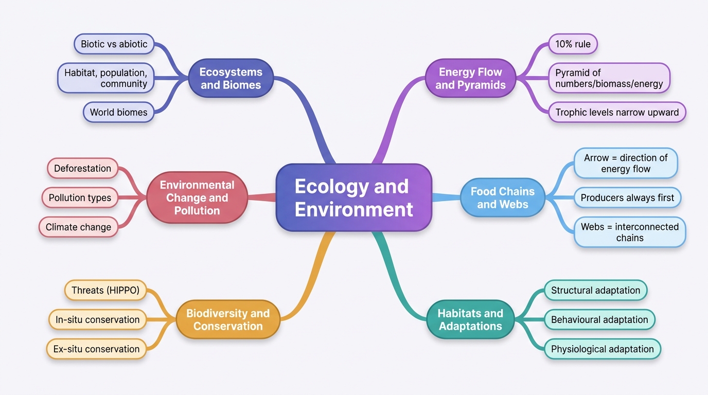 Mind map of Ecology and Environment centred on Ecology and Environment.