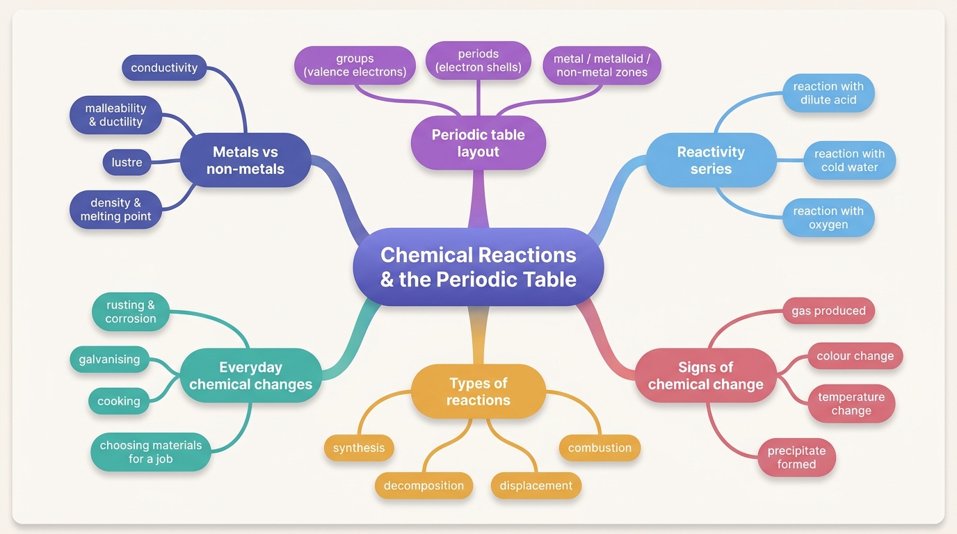 Mind map of Chemical Reactions and the Periodic Table centred on Chemical Reactions & the Periodic Table.