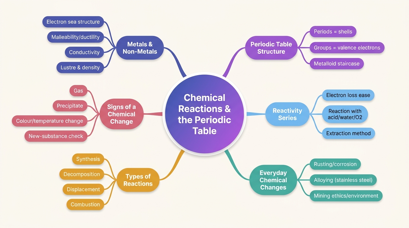 Mind map of Chemical Reactions and the Periodic Table centred on Chemical Reactions & the Periodic Table.