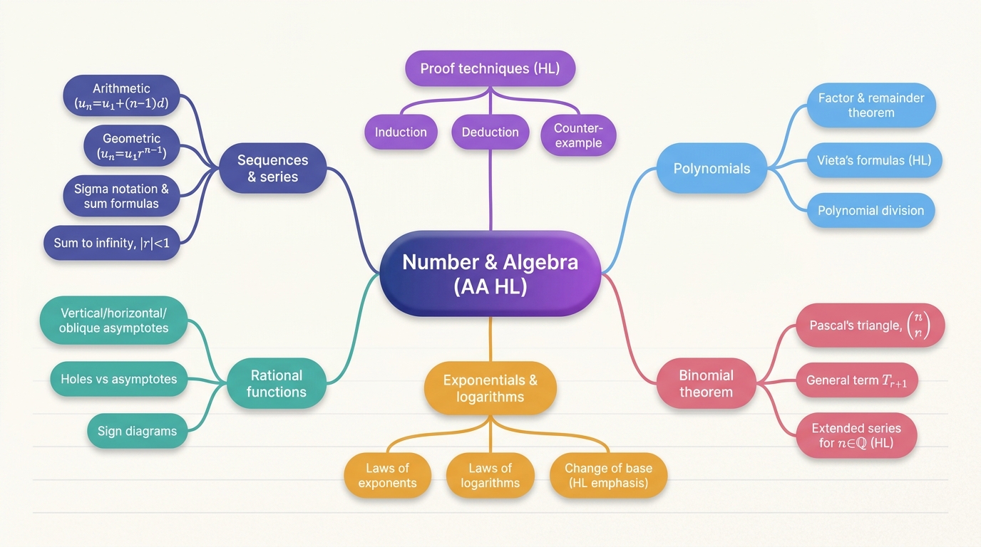 Mind map of Number and Algebra centred on Number & Algebra (AA HL).