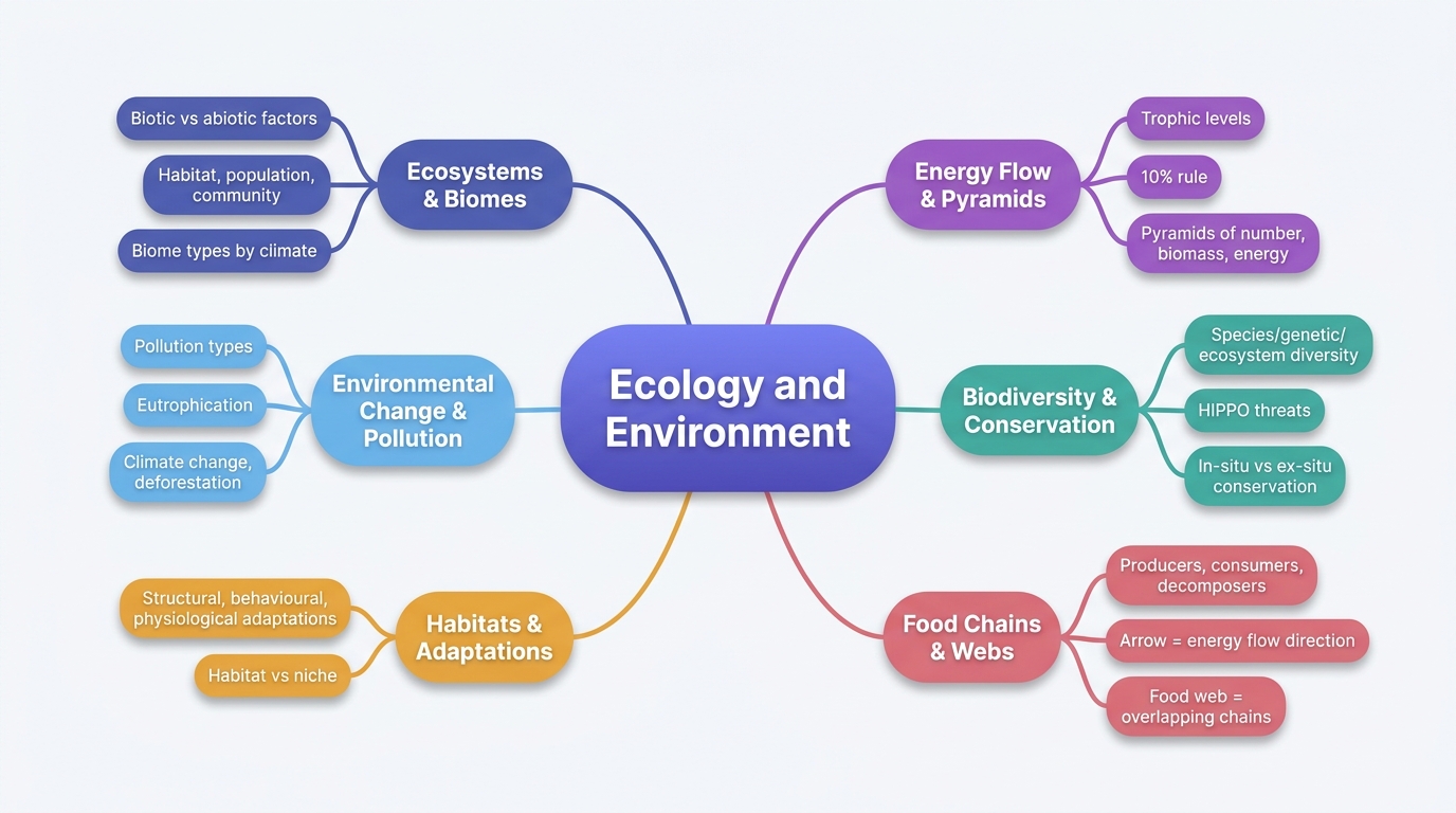 Mind map of Ecology and Environment centred on Ecology and Environment.