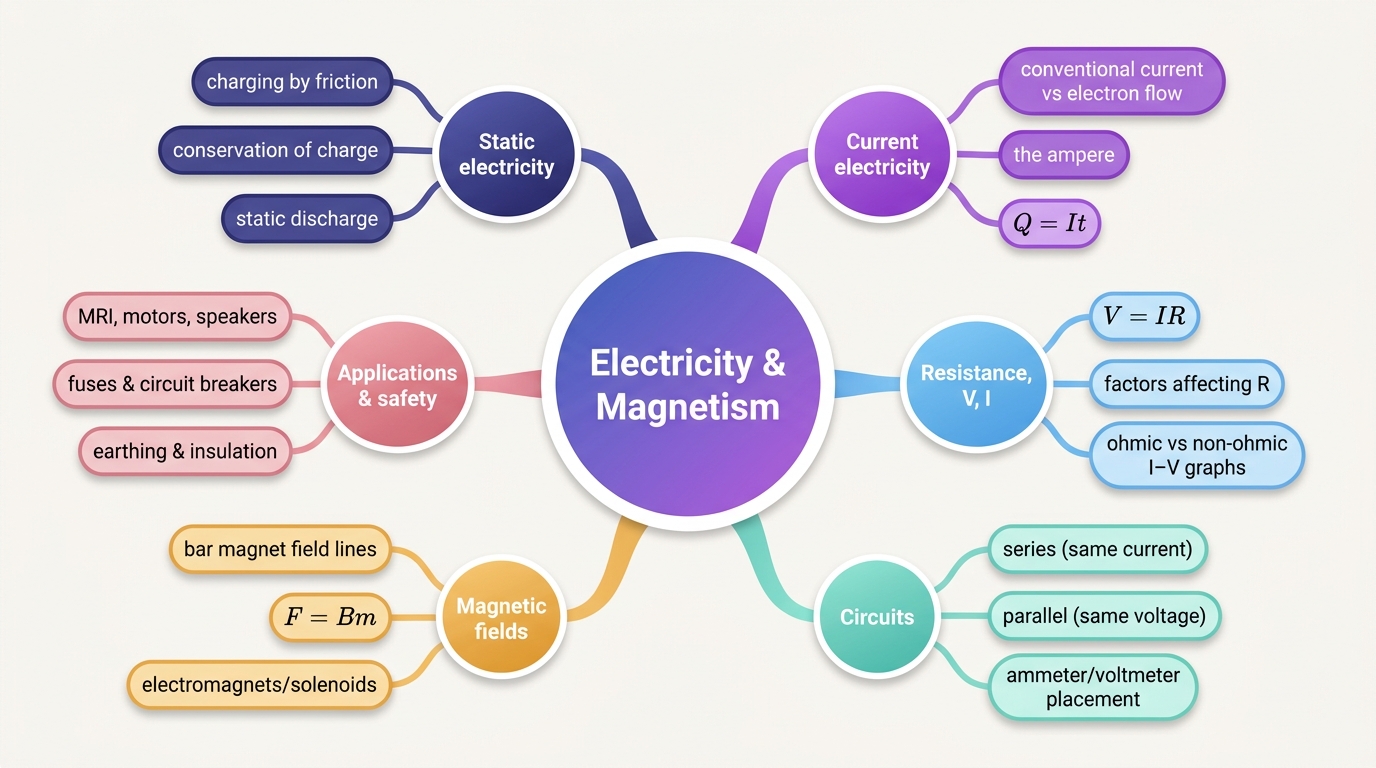 Mind map of Electricity and Magnetism centred on Electricity & Magnetism.