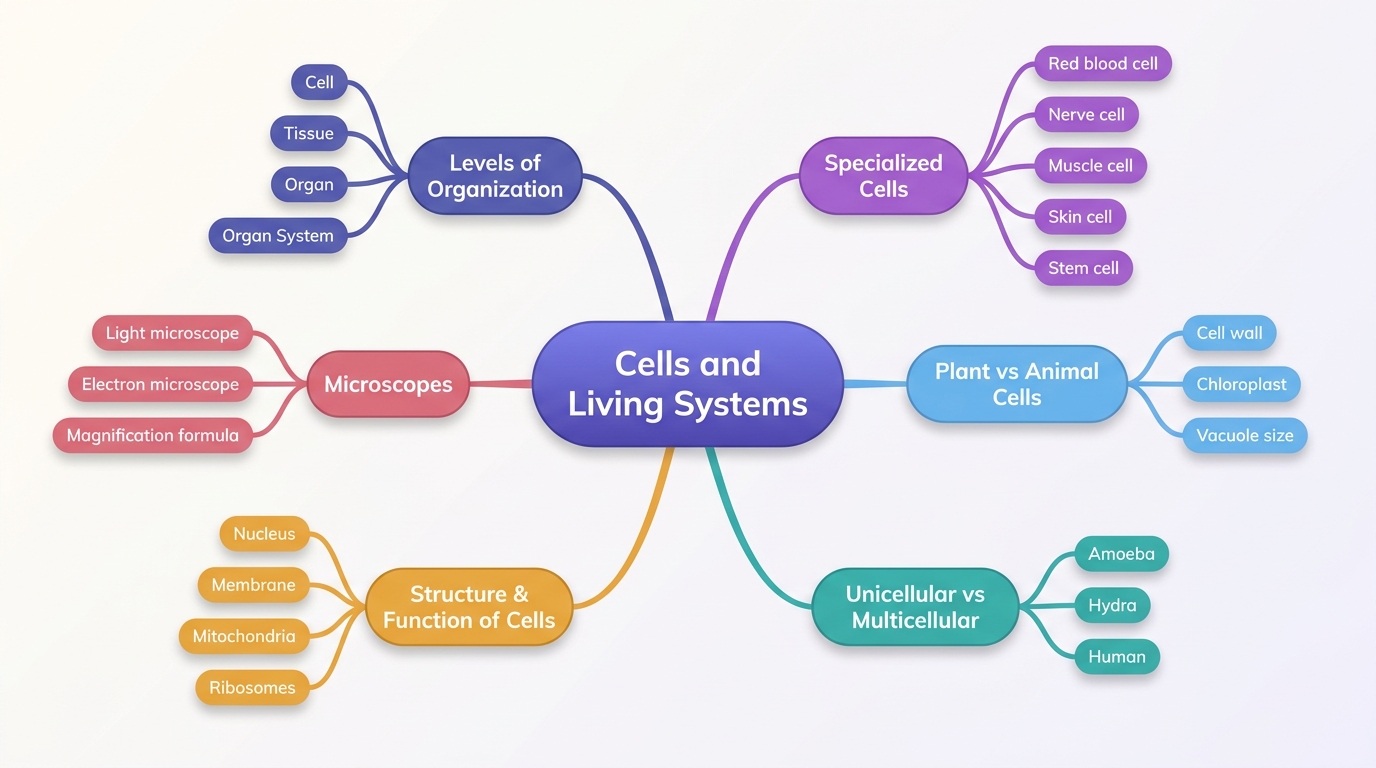 Mind map of Cells and Living Systems centred on Cells and Living Systems.