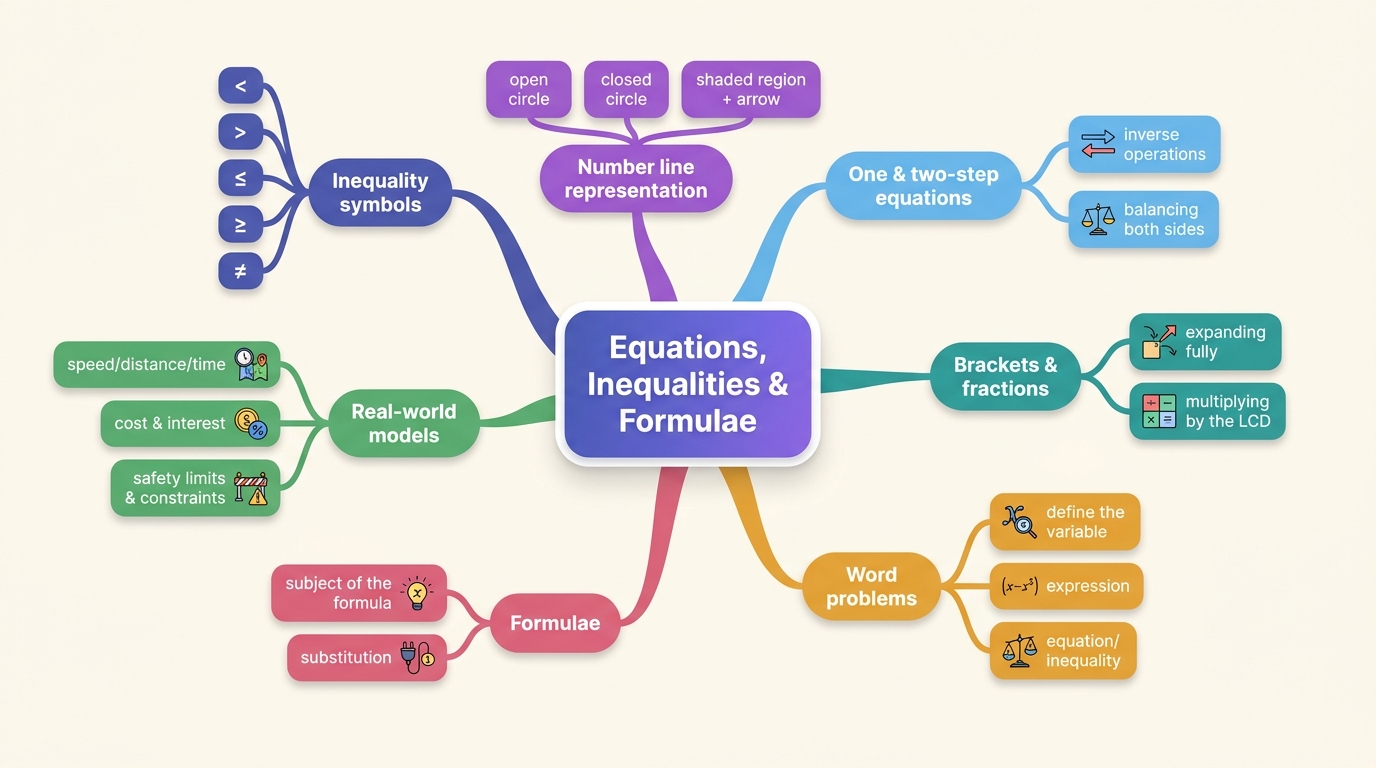 Mind map of Equations, Inequalities & Formulae centred on Equations, Inequalities & Formulae.