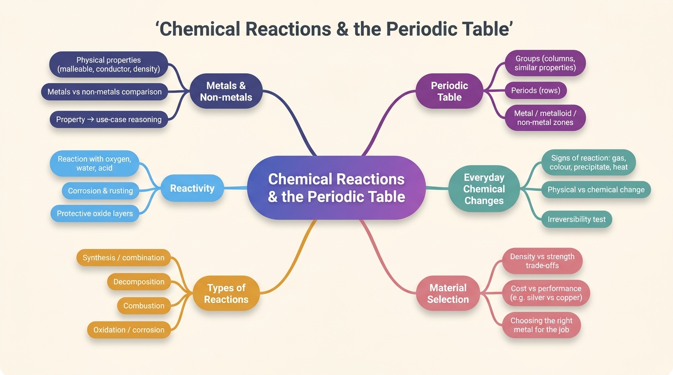 Mind map of Chemical Reactions and the Periodic Table centred on Chemical Reactions & the Periodic Table.