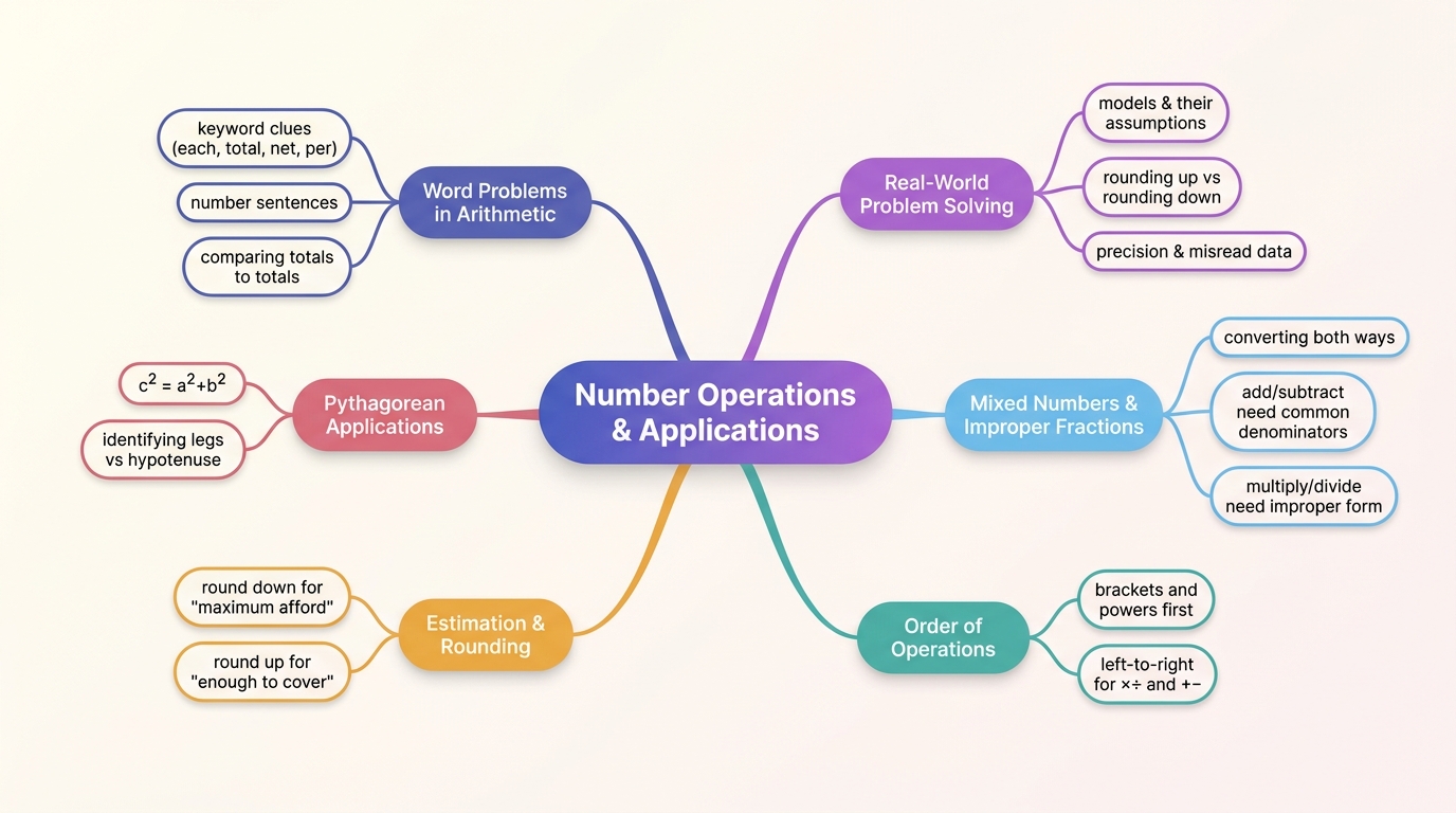 Mind map of Number Operations and Applications centred on Number Operations & Applications.