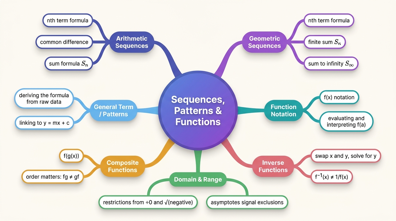 Mind map of Sequences Patterns and Functions centred on Sequences, Patterns & Functions.