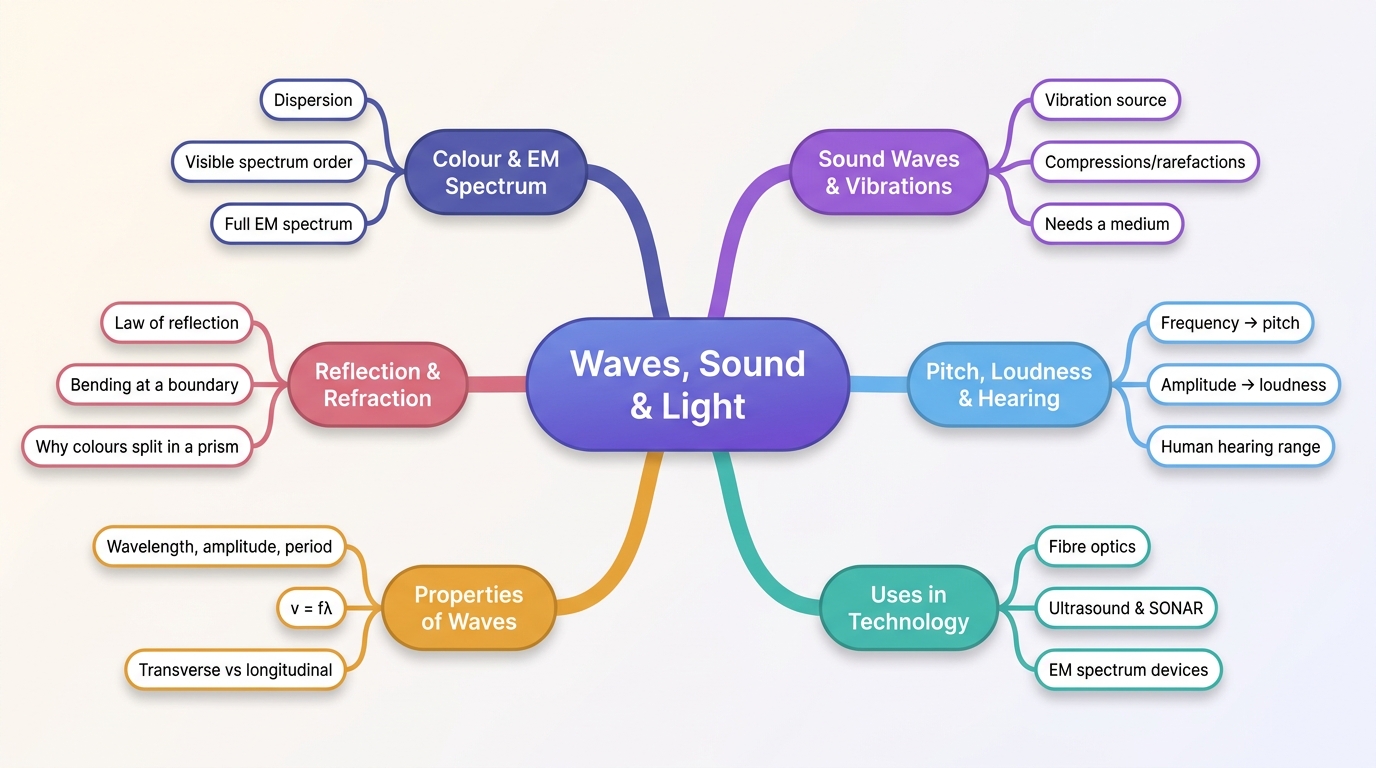 Mind map of Waves, Sound, and Light centred on Waves, Sound & Light.