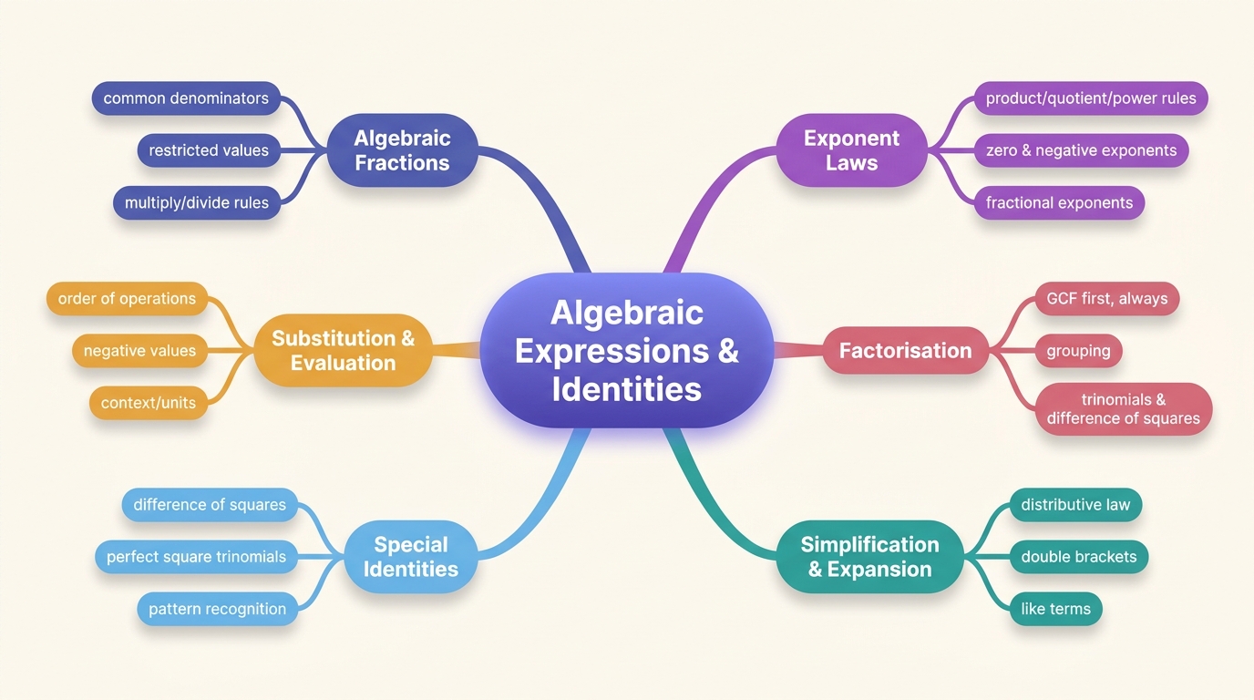 Mind map of Algebraic Expressions and Identities centred on Algebraic Expressions & Identities.