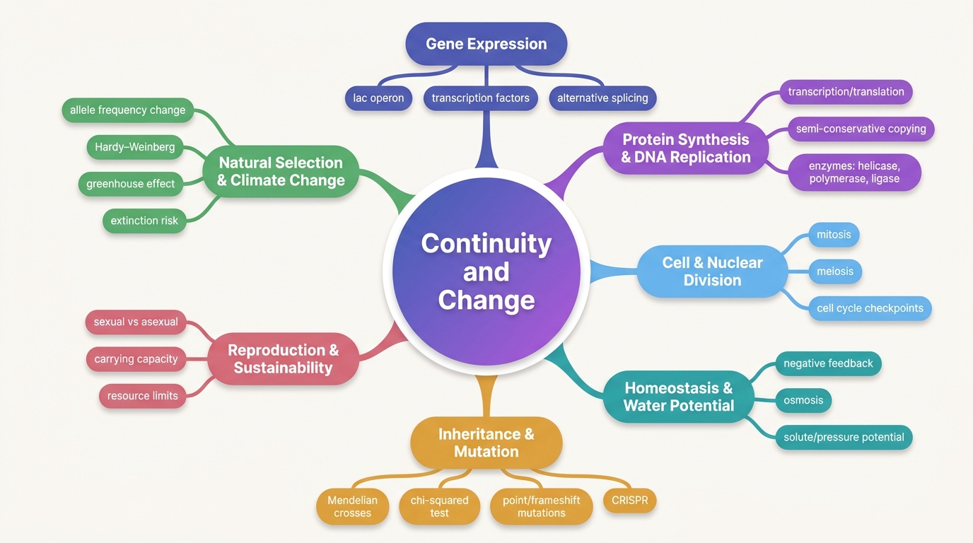 Mind map of Continuity and Change centred on Continuity and Change.