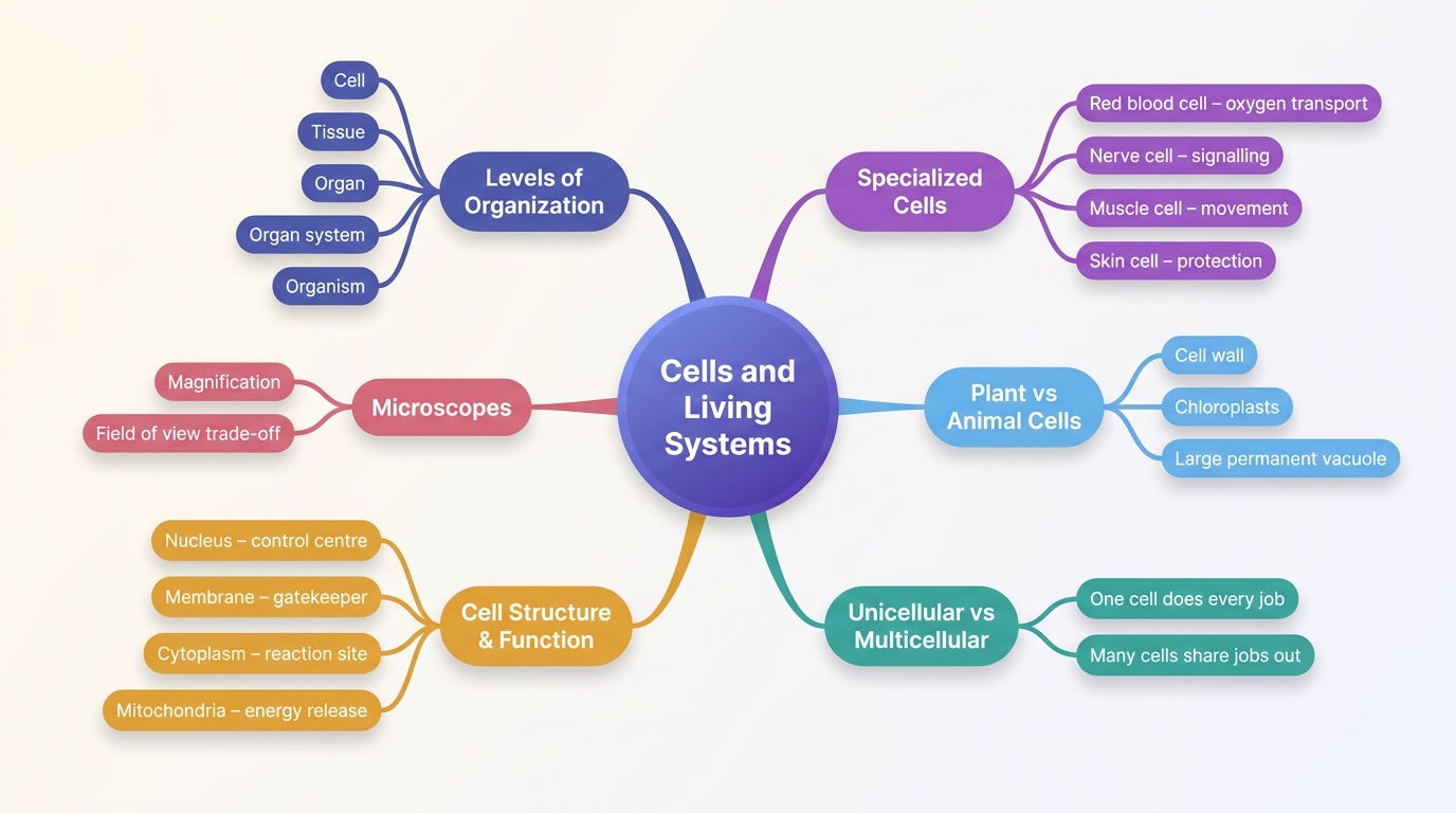 Mind map of Cells and Living Systems centred on Cells and Living Systems.
