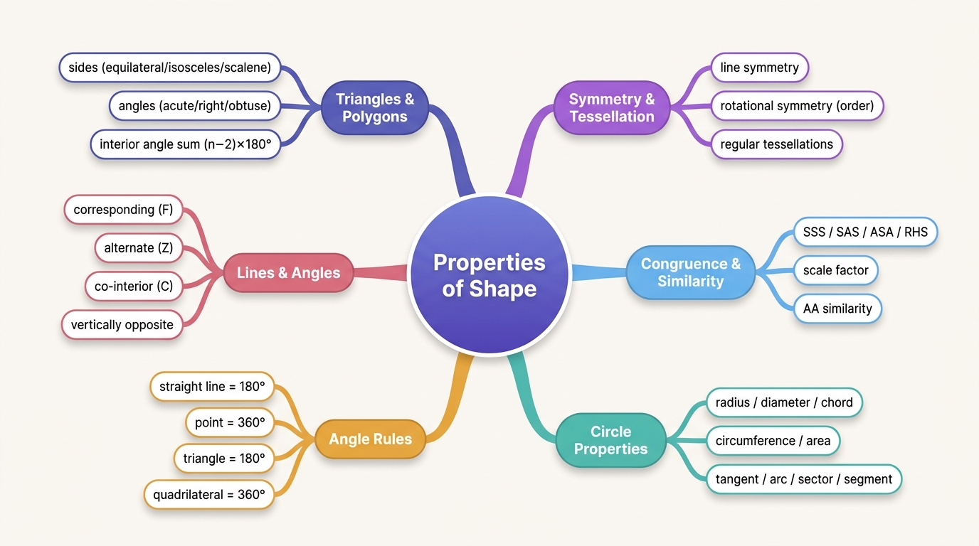 Mind map of Geometry – Properties of Shape centred on Properties of Shape.