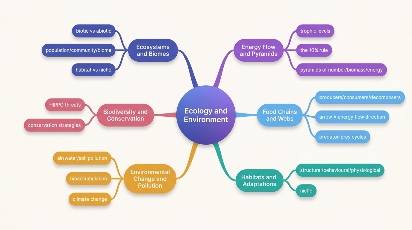 Mind map of Ecology and Environment centred on Ecology and Environment.