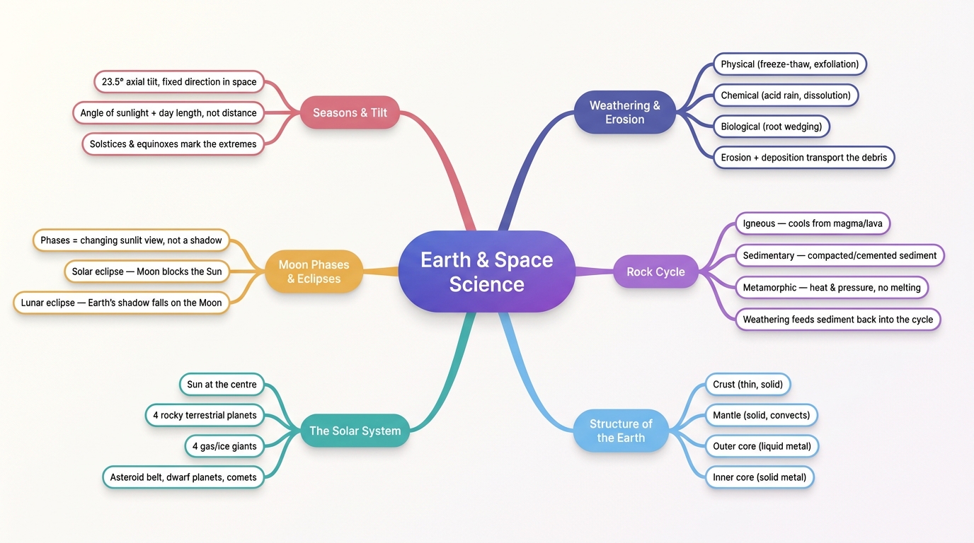 Mind map of Earth and Space Science centred on Earth & Space Science.