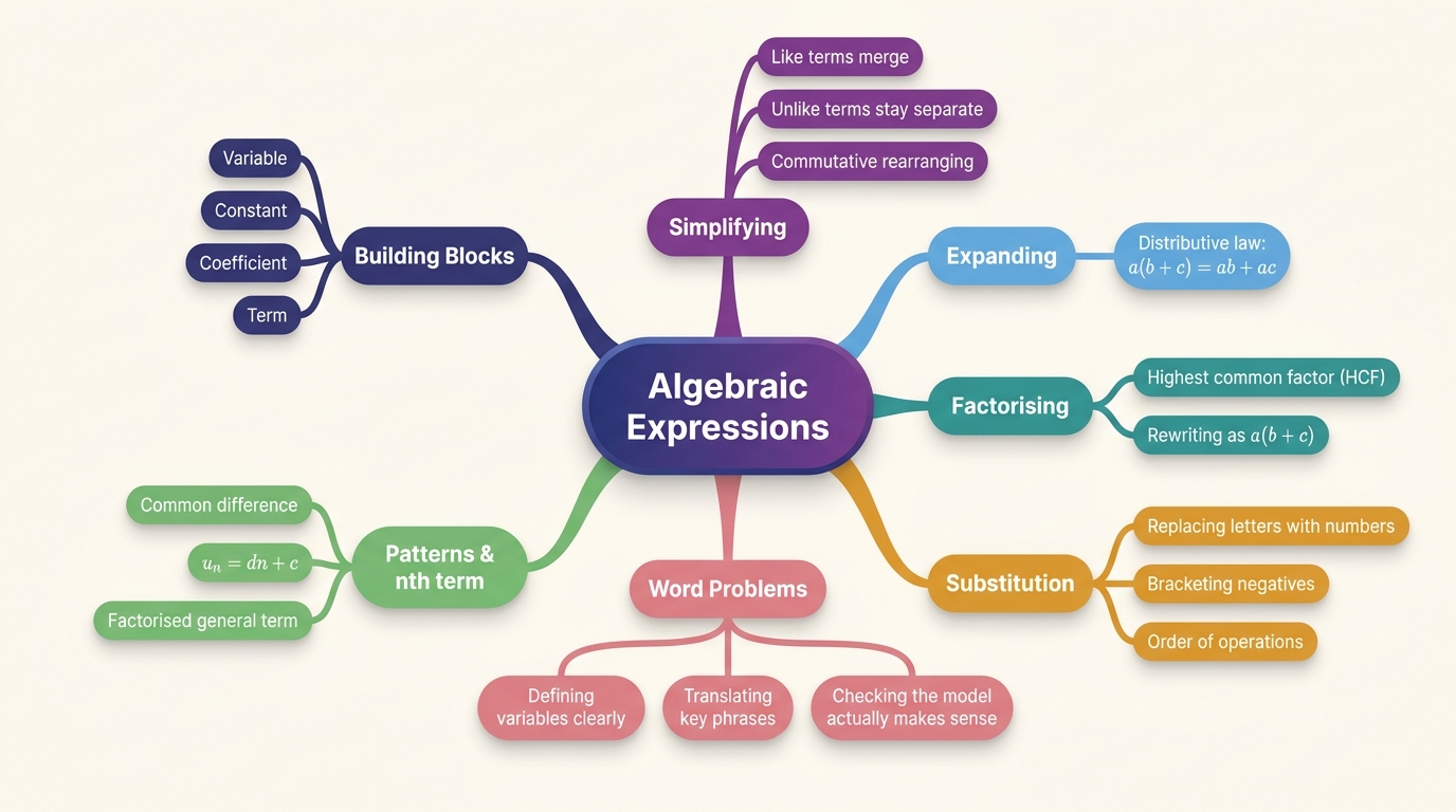 Mind map of Algebra and Expressions centred on Algebraic Expressions.
