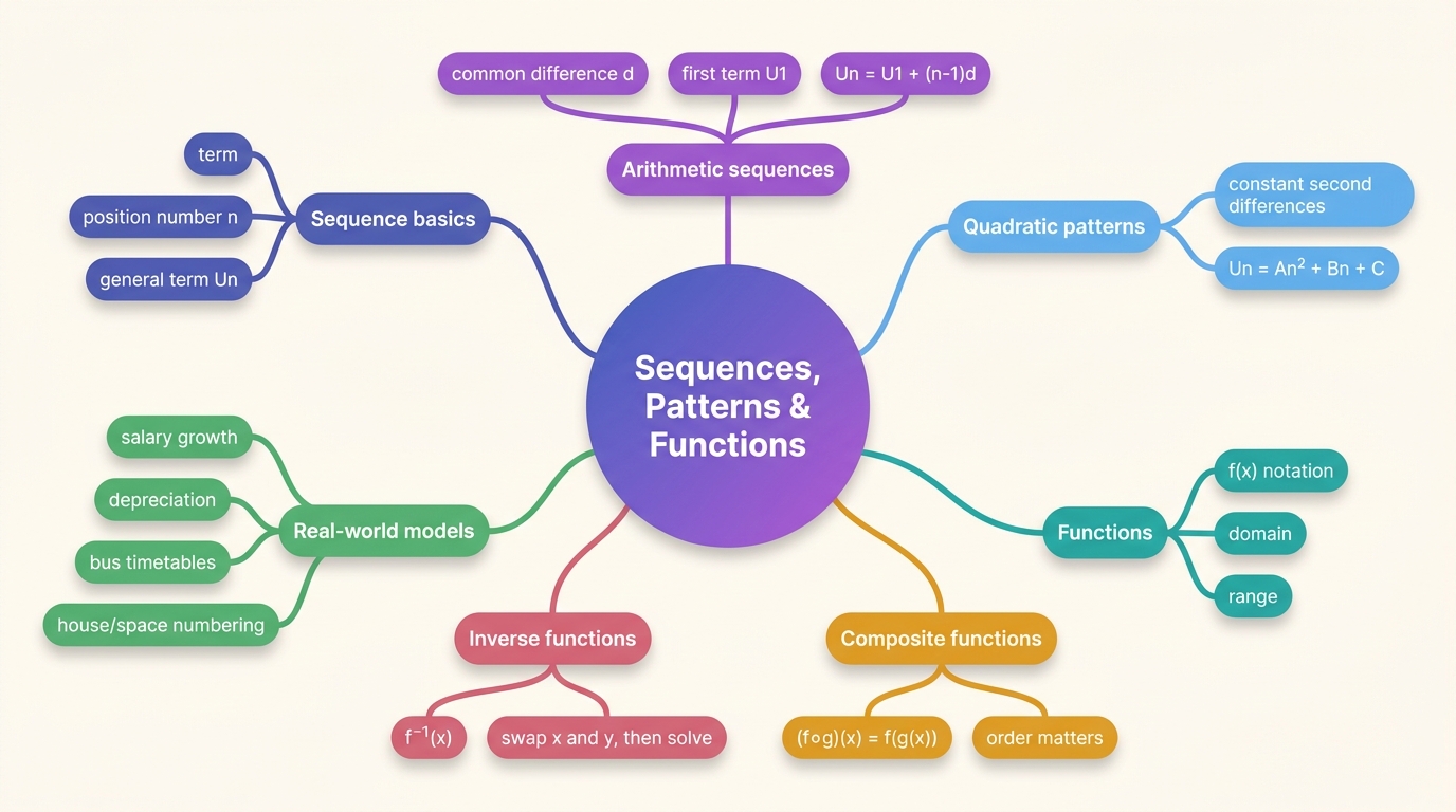 Mind map of Sequences Patterns and Functions centred on Sequences, Patterns & Functions.