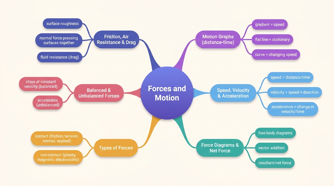 Mind map of Forces and Motion centred on Forces and Motion.