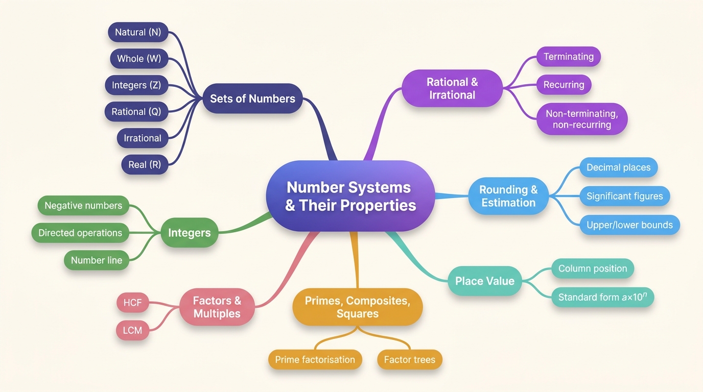 Mind map of Number Concepts & Systems centred on Number Systems & Their Properties.
