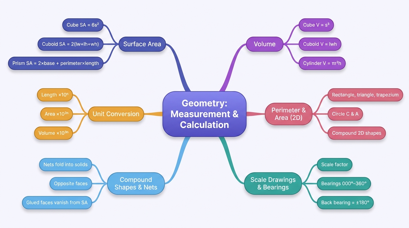 Mind map of Geometry – Measurement & Calculation centred on Geometry: Measurement & Calculation.
