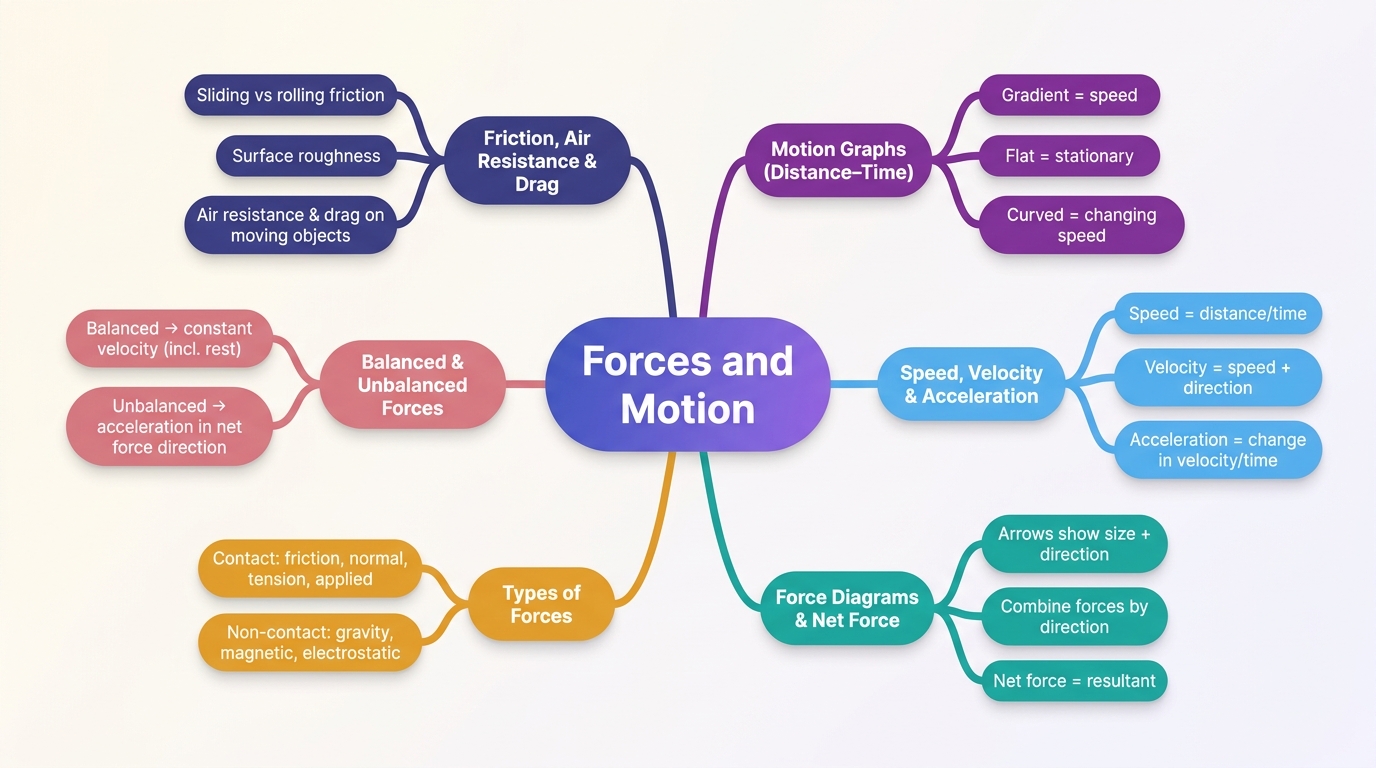 Mind map of Forces and Motion centred on Forces and Motion.