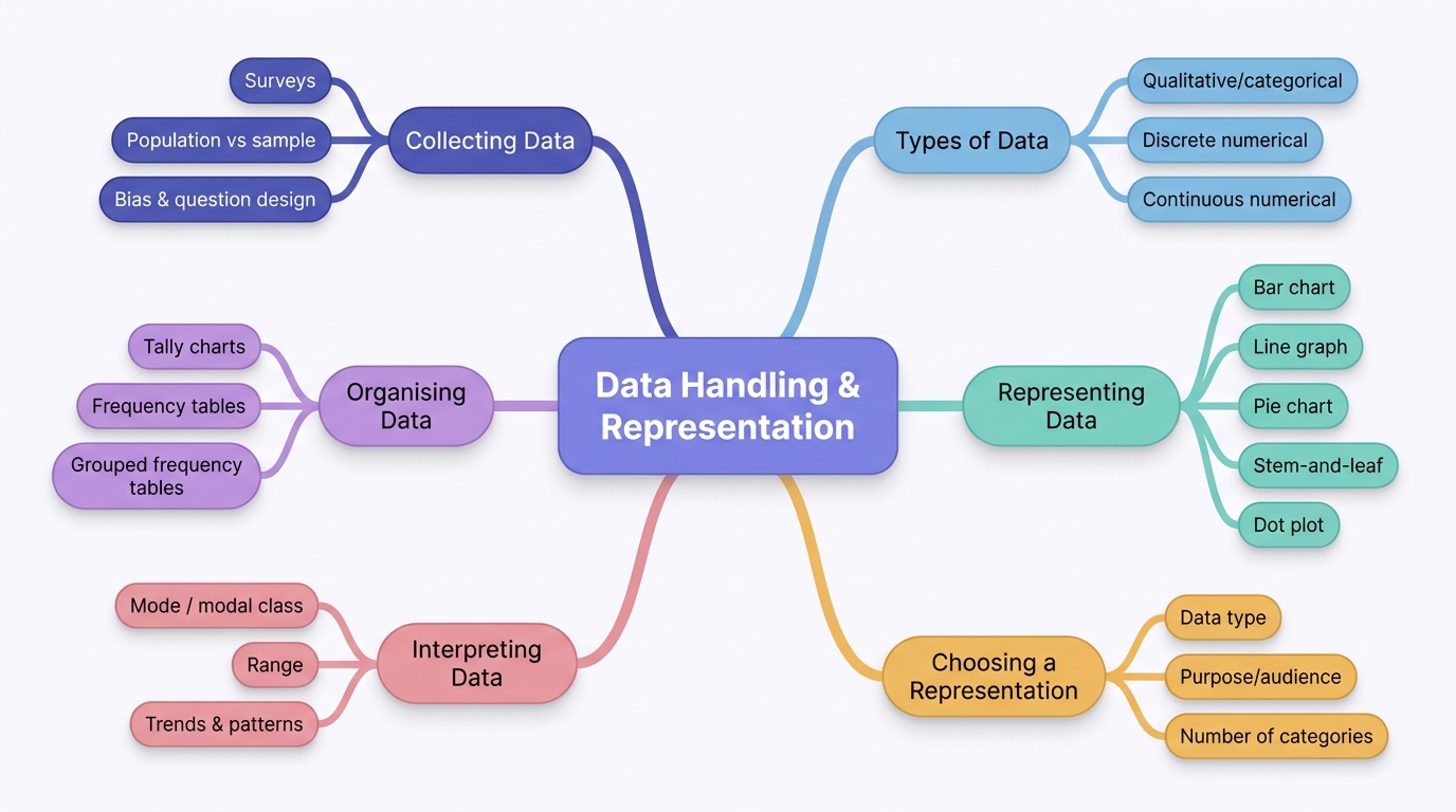 Mind map of Data Handling and Representation centred on Data Handling & Representation.