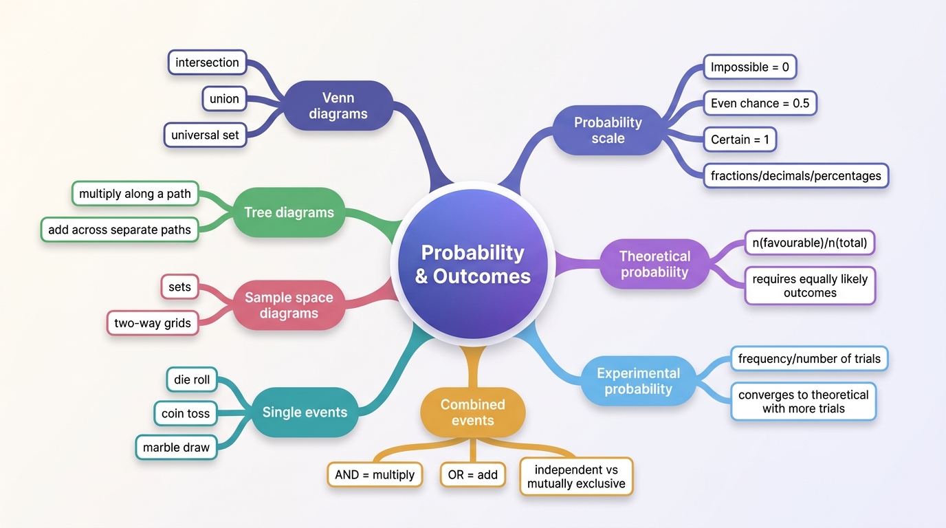 Mind map of Probability and Outcomes centred on Probability & Outcomes.