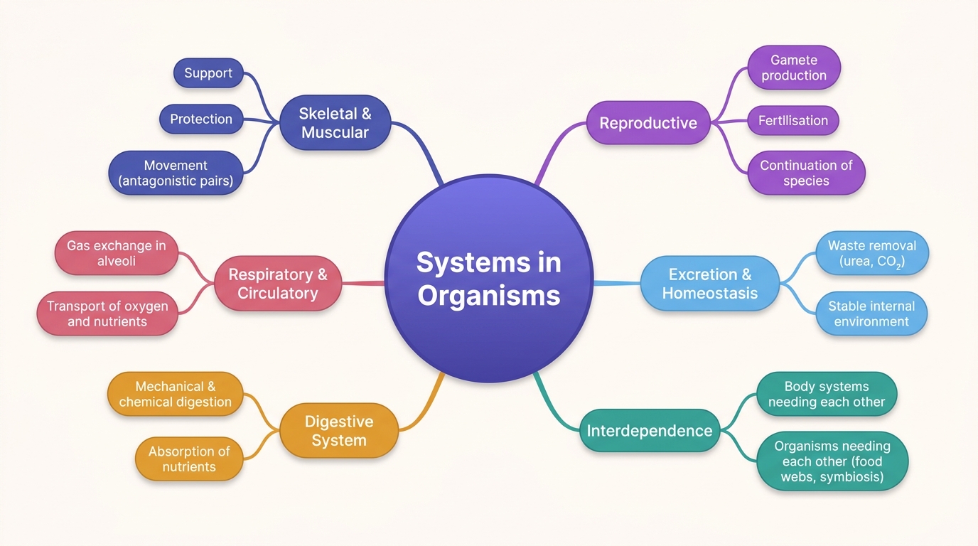 Mind map of Systems in Organisms centred on Systems in Organisms.