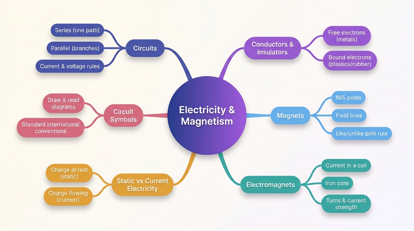 Mind map of Electricity and Magnetism centred on Electricity & Magnetism.