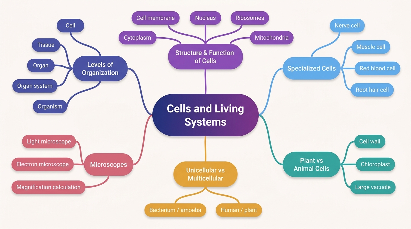 Mind map of Cells and Living Systems centred on Cells and Living Systems.