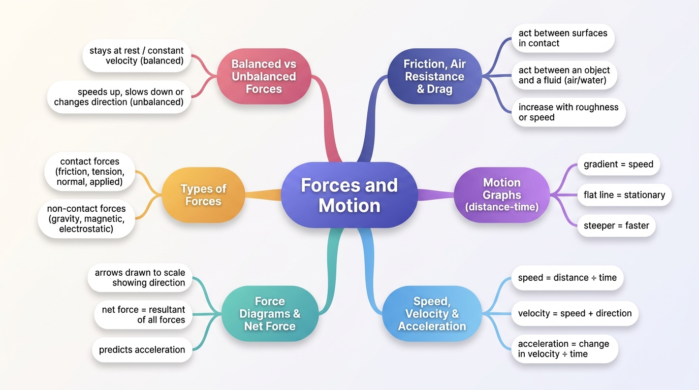 Mind map of Forces and Motion centred on Forces and Motion.