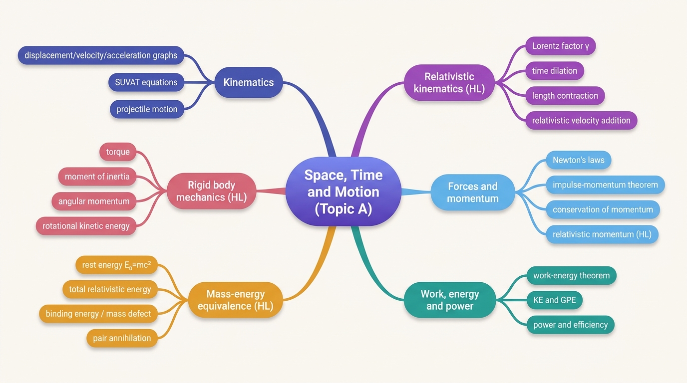 Mind map of Space, Time, and Motion centred on Space, Time and Motion (Topic A).