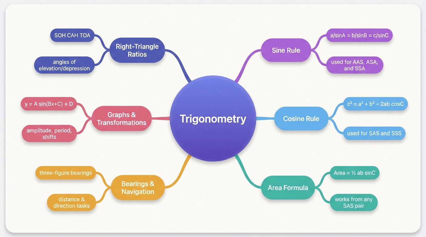 Mind map of Trigonometry centred on Trigonometry.