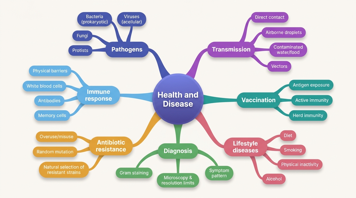 Mind map of Health and Diseases centred on Health and Disease.