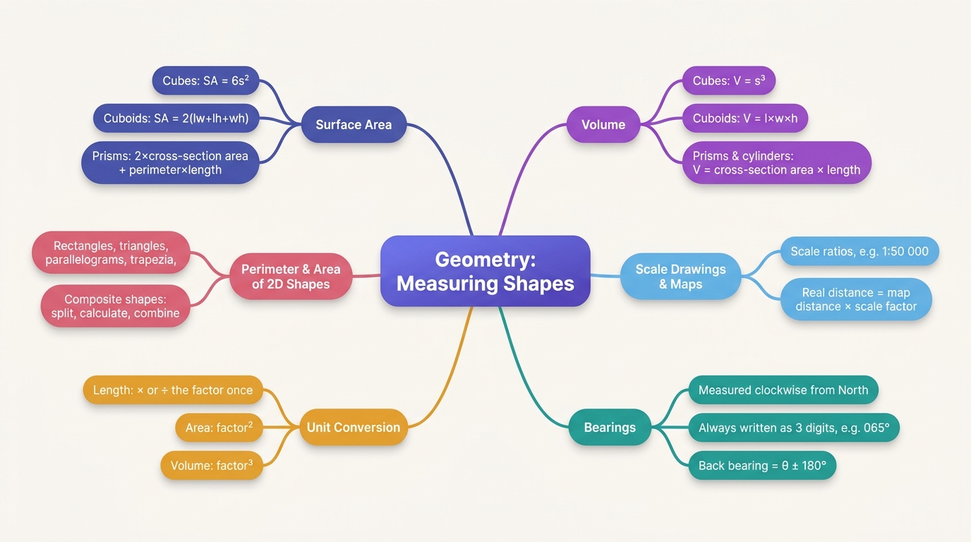 Mind map of Geometry centred on Geometry: Measuring Shapes.
