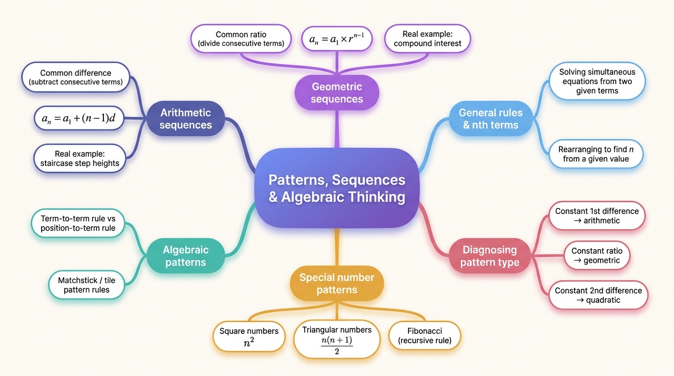 Mind map of Patterns, Sequences & Algebraic Thinking centred on Patterns, Sequences & Algebraic Thinking.