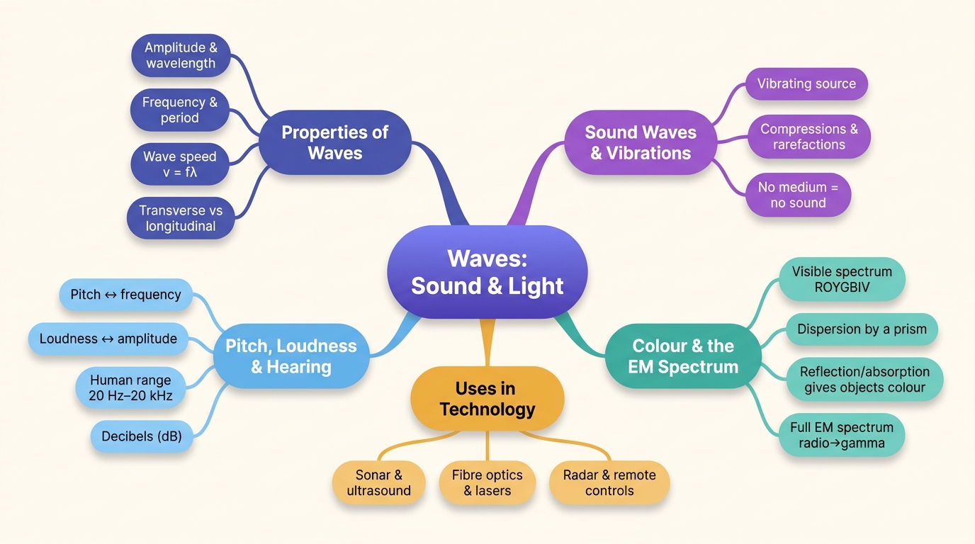 Mind map of Waves, Sound, and Light centred on Waves: Sound & Light.